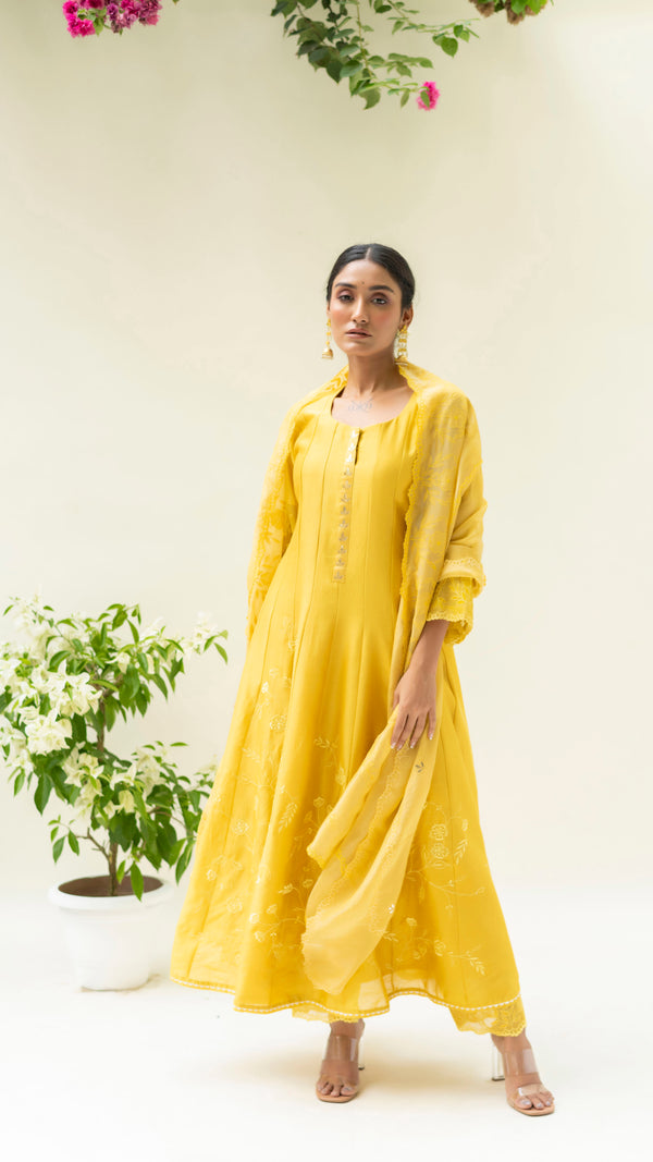 Reverse Applique Anarkali (Tuscany Yellow)