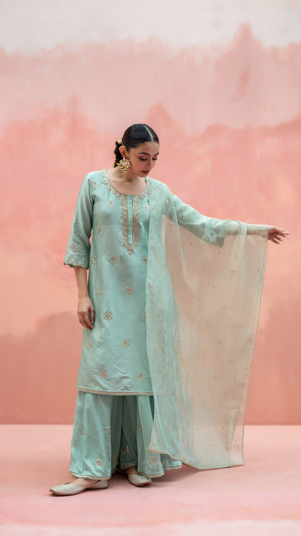 Noor Sharara Set (Round Neck with Button-patti - Blue Green)