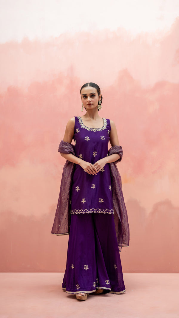 Noor Sharara Set (Sleeveless U Neck - Purple)