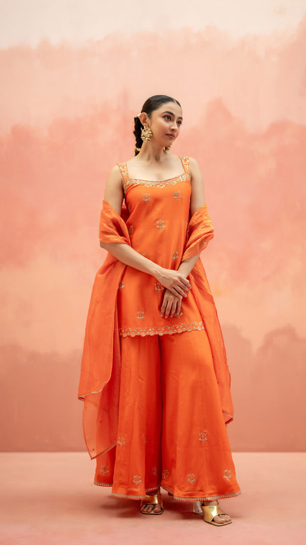 Noor Sharara Set (Sleeveless Square Neck - Orange)