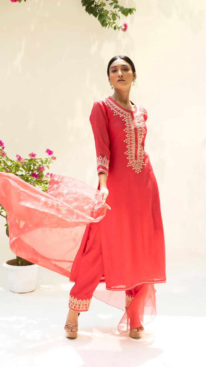 Dastak Kurta Set (Berry Red)