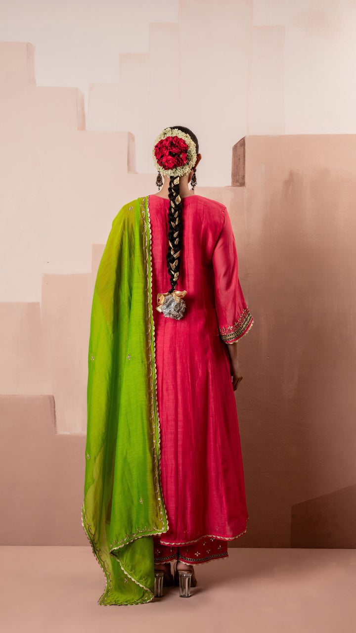 Sunehri A-Line Anarkali Set (Rani Pink)