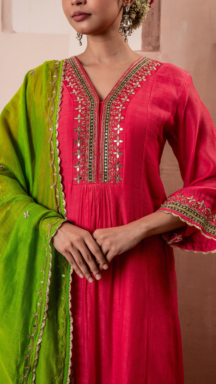 Sunehri A-Line Anarkali Set (Rani Pink)