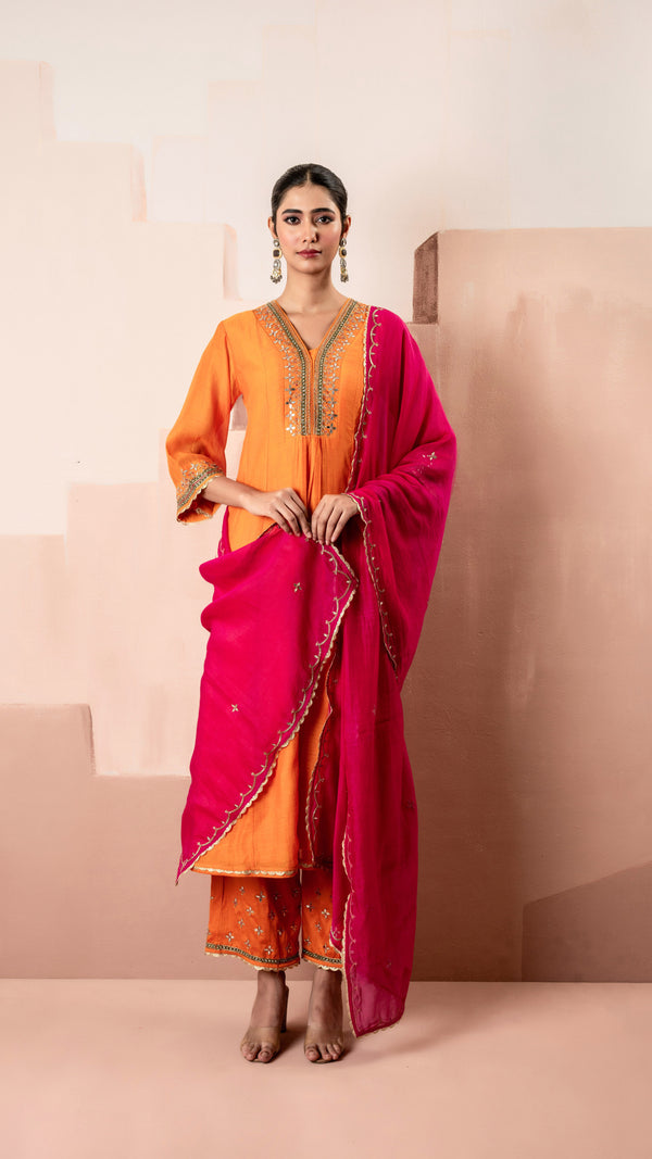 Sunehri A-Line Anarkali Set (Orange)