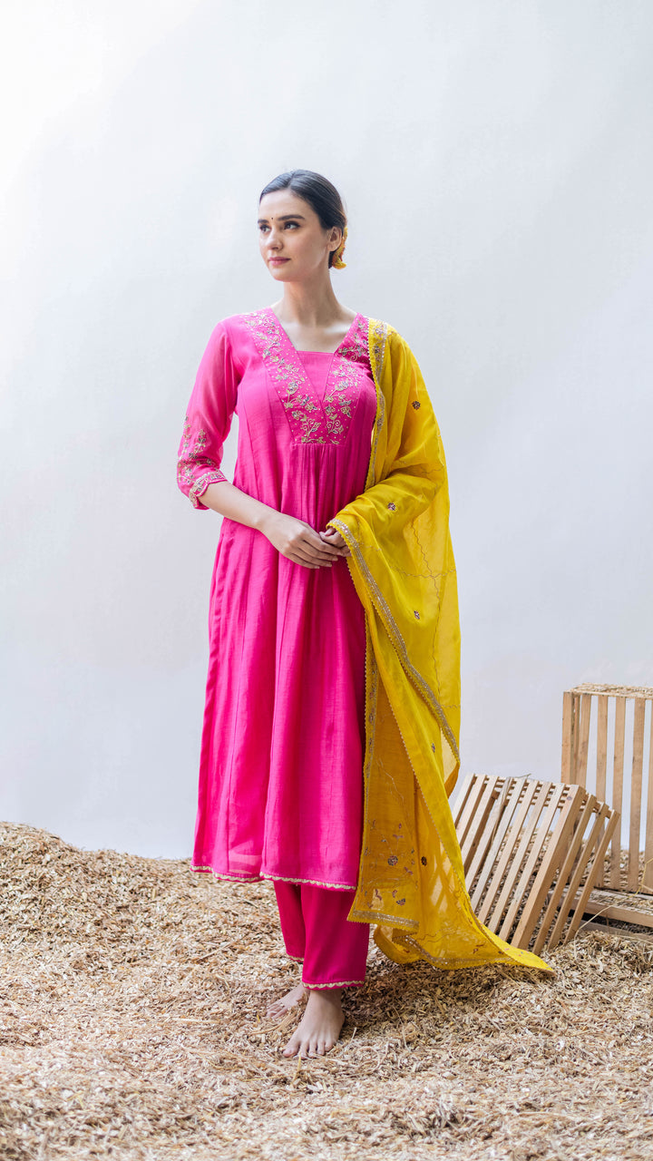 Leila A-line Kurta Set (Rani)