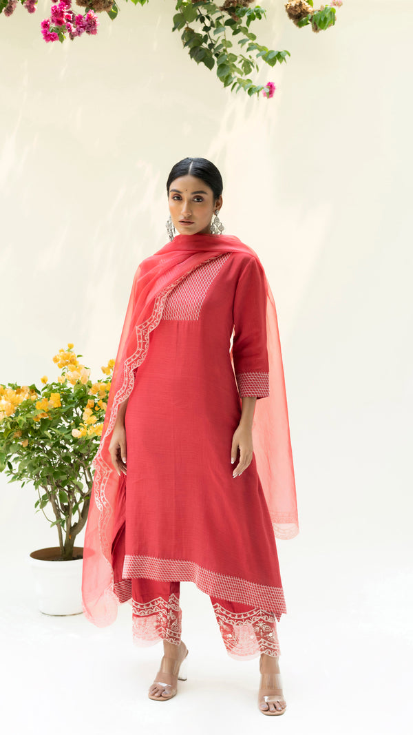 Seher Asymmetrical Kurta Set (Dusty Red)