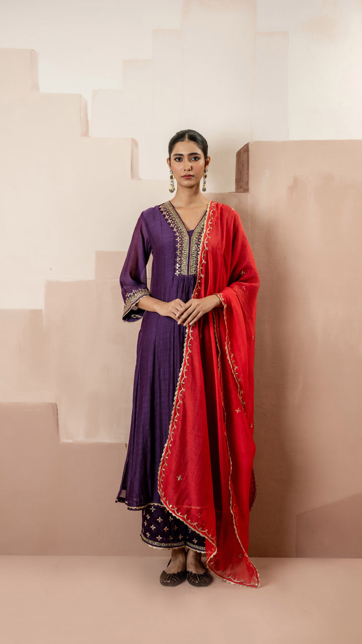 Sunehri A-Line Anarkali Set (Purple)