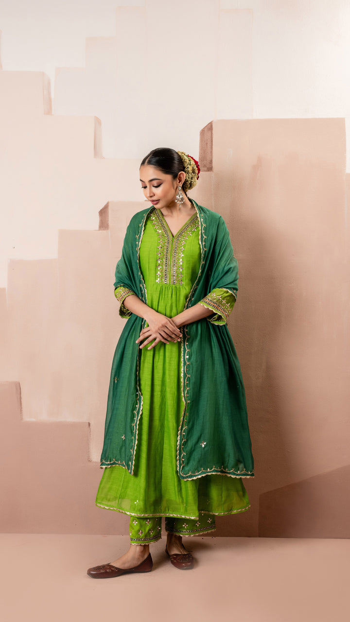 Sunehri A-Line Anarkali Set (Green)