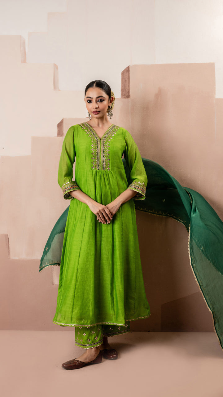 Sunehri A-Line Anarkali Set (Green)