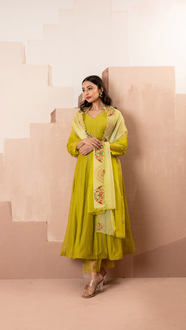 Ruhani Anarkali Set (Yellow Green)