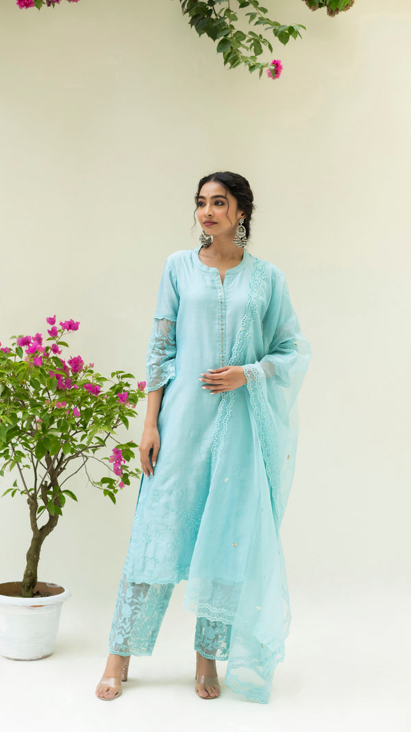 Reverse Applique Kurta Set (Turquoise Blue)