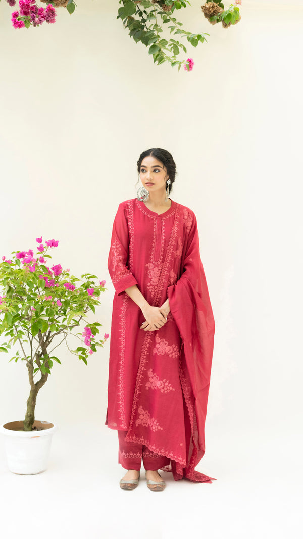 Parchhai Kurta Set (Dusty Red)