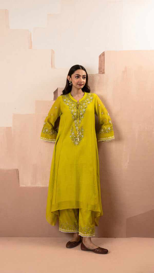 Alaya A-line Kurta Set (Yellowish Green)