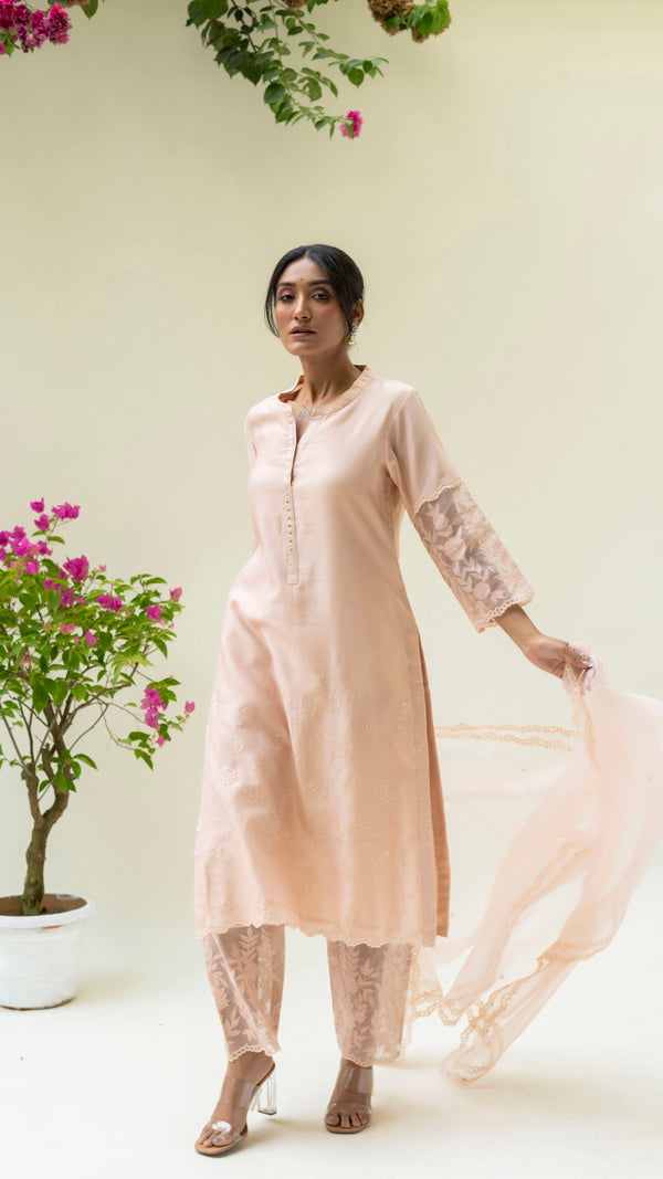 Reverse Applique Kurta Set (Nude)