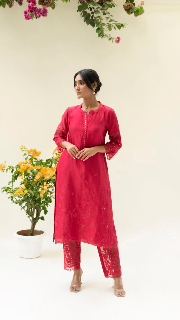 Reverse Applique Kurta Set (Berry Red)