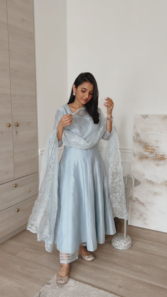 Nysa Applique Anarkali Set (Steel Blue)