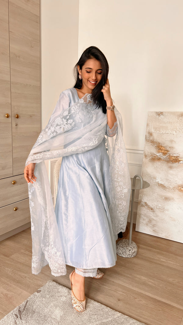 Nysa Applique Anarkali Set (Steel Blue)