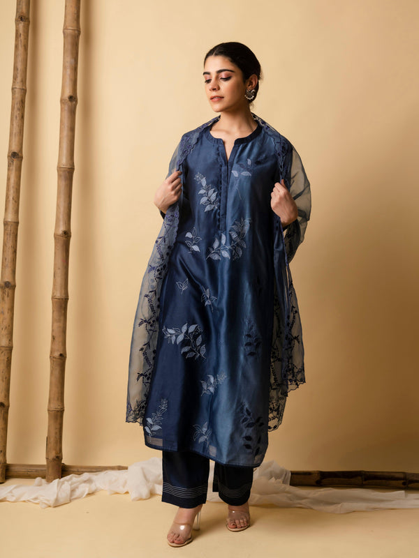 AM Leaf Applique Kurta Set (Midnight Blue)