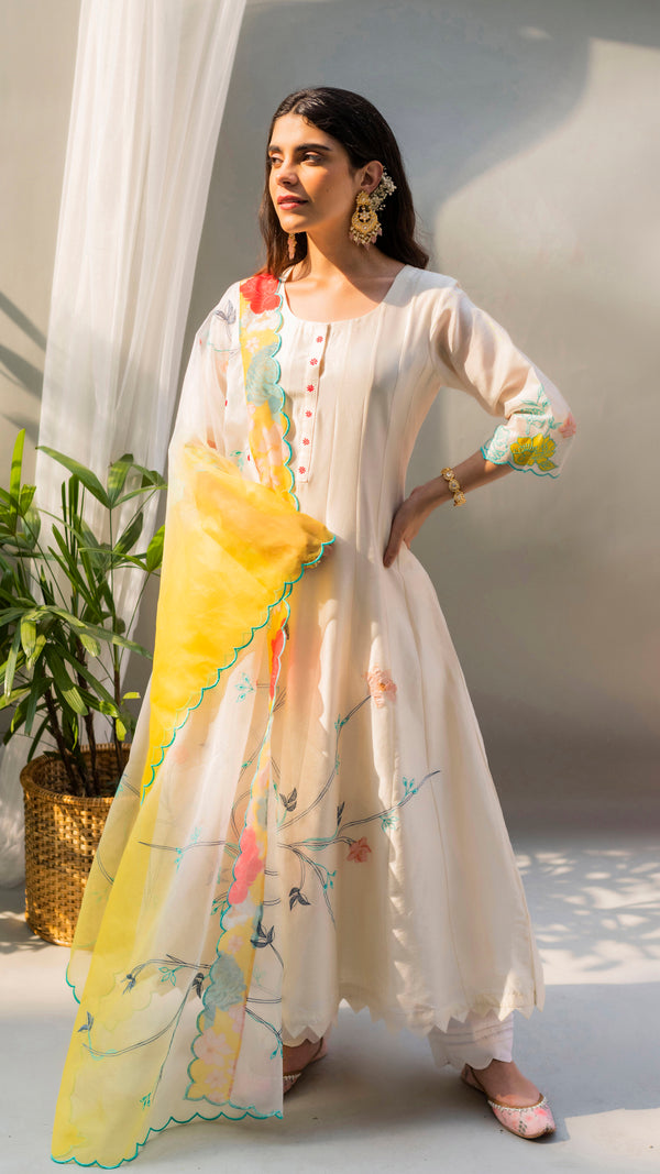 Floral Applique Anarkali Set (Pearl White)