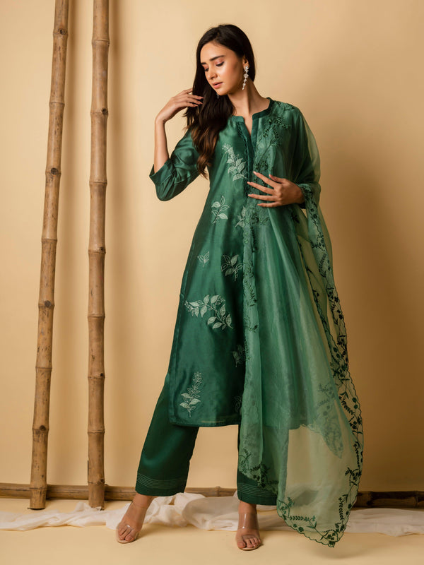 AM Leaf Applique Kurta Set (Emerald Green)